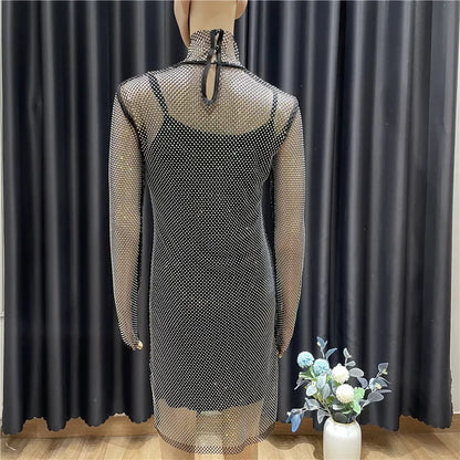 Vestido Bandage negro de malla con diamantes para mujer, minivestido Sexy de fiesta a la moda, cuello alto, manga larga, ceñido al cuerpo, 92cm