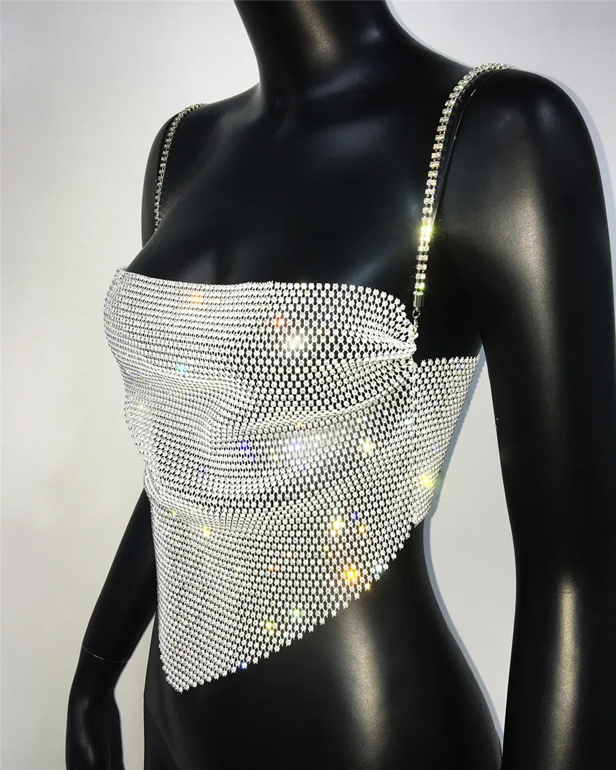 Sexy Backless Rhinestone Chain Camisole For Women Shiny Diamonds Fishnet Hollow See Through Tank Top Cocktail Party Crop Top