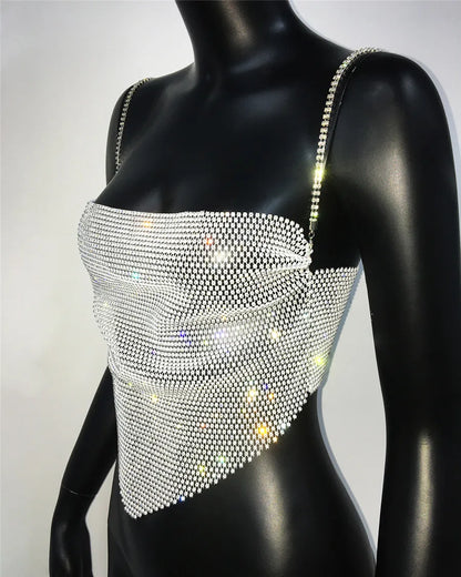 Camisole Sexy dos nu avec chaîne en strass pour femmes, diamants brillants, résille creuse transparente, débardeur pour soirée Cocktail, haut court