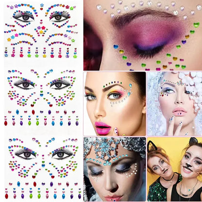 3D Tattoo Sticker Waterproof for Women Face Jewels Rhinestone Eye Stickers Kids Face Glitter Festival Fake Tattoo Art Rave