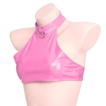 Top corto Sexy de charol para mujer, Tops cortos ajustados, Tops góticos Punk con anillo redondo, cuello Halter con espalda descubierta para fiesta, Club, Festival de Música