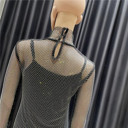 Sexy Black Mesh Diamond Bandage Dress Women Fall New Fashion Party Dress High Neck Long Sleeve Bodycon Mini Vestido 92cm