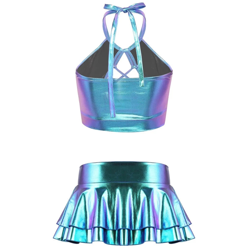 Women Pole Dance Clothing Shiny Metallic Rave Festival Outfit Halter Crop Top Bra Vest With  Faux Leather Fantasy Mini Skirt Set