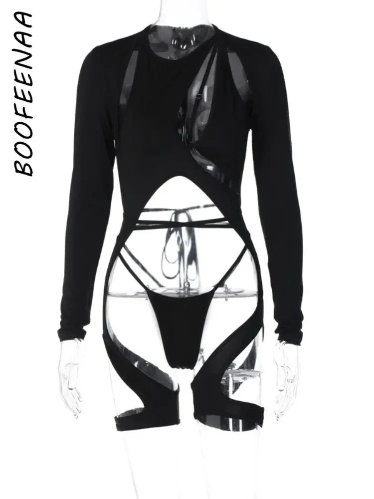 BOOFEENAA Asymmetrical Cut Out Romper Sexy Black Jumpsuit 2023 Fashion Women Club Wear Rave Outfit Festival Clothing C16-CF22