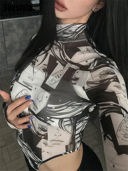 Shestyle Mesh See-Through Bodysuit Women Cartoon Printted High Waist Autumn Sheer Stretchy Hand Hole Sleeve Fashoin Sexy T-Shirt