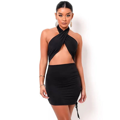 058 Hollow Hanging Neck Backless Sexy Slim Hip Dress Women's Bodycon Dress