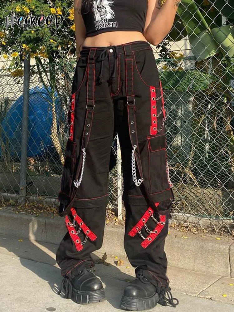 Weekeep Punk pantalon à jambes larges Streetwear taille basse Baggy gothique Cargo pantalon coréen Hip Hop Patchwork pantalon décontracté femmes Harajuku