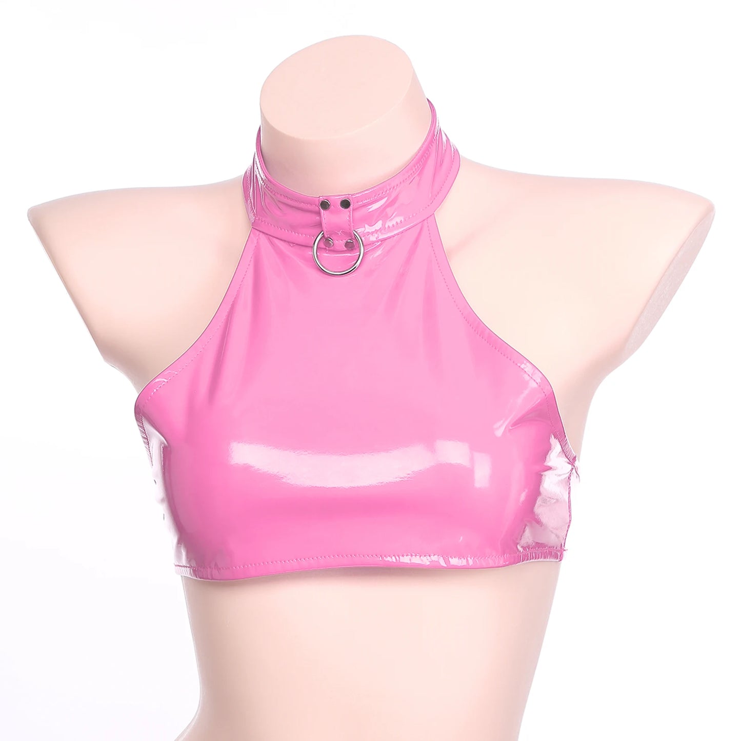 Top corto Sexy de charol para mujer, Tops cortos ajustados, Tops góticos Punk con anillo redondo, cuello Halter con espalda descubierta para fiesta, Club, Festival de Música