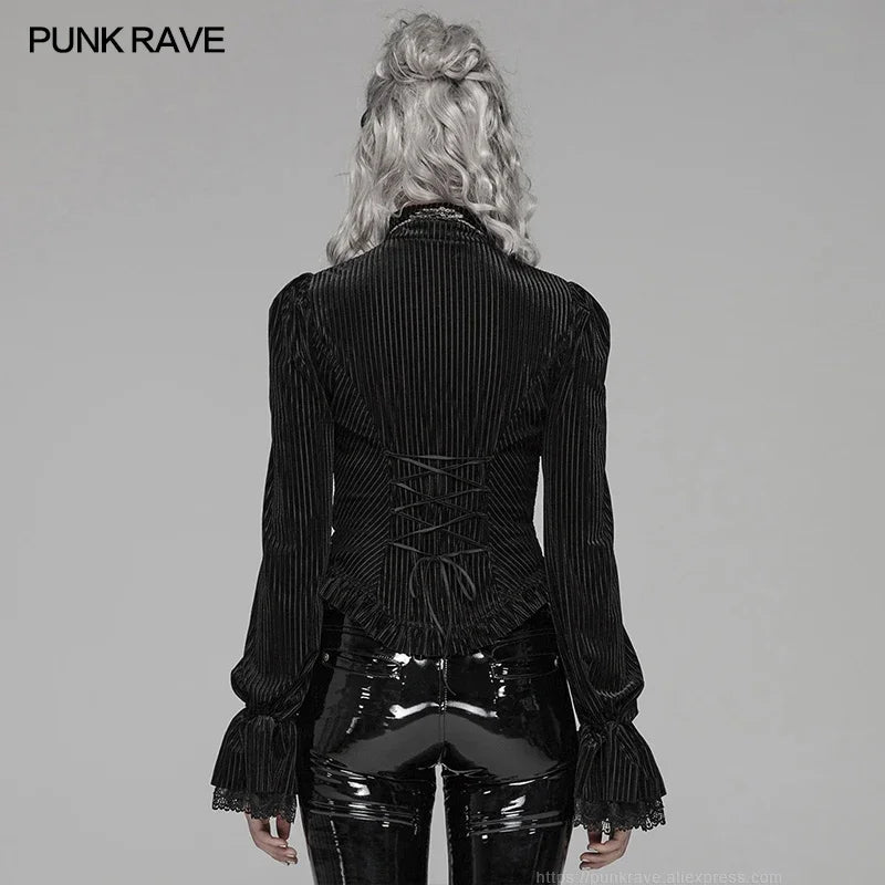 PUNK RAVE Women's Gothic Dark-Grain Velvet Elastic Long Sleeve Fashion Shirt Party Club Female Tops Shirts Blouse