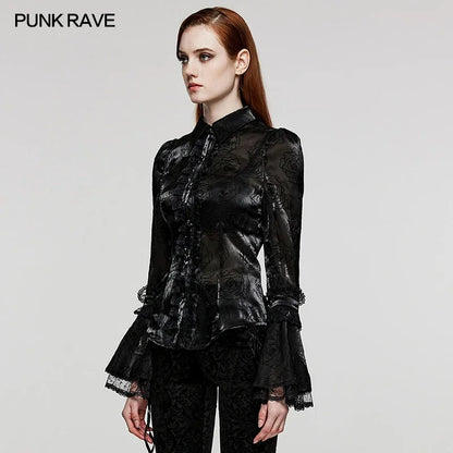 PUNK RAVE Women's LOLITA Patterned Flared Sleeves Shirt Exquisite Gothic Lace Decoration Party Club Black Tops Women Clothing