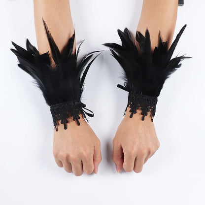 2pcs Lace Feather Wrist Cuffs Black Real Natural Dyed Rooster Feather Arm Warmers Party Cosplay Costume Accessory Feather Gloves