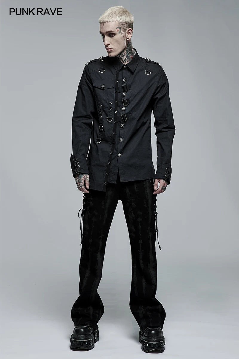 PUNK RAVE Men's Punk Personality Asymmetric Shirt Soft Slim Cool Men Clothing Four Seasons Casual Black Shirts