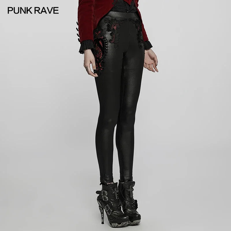 PUNK RAVE Women's Gothic Exquisite Applique Elastic Black-red Leggings Punk Hollowed Out Sexy Simple Soft Women Pants