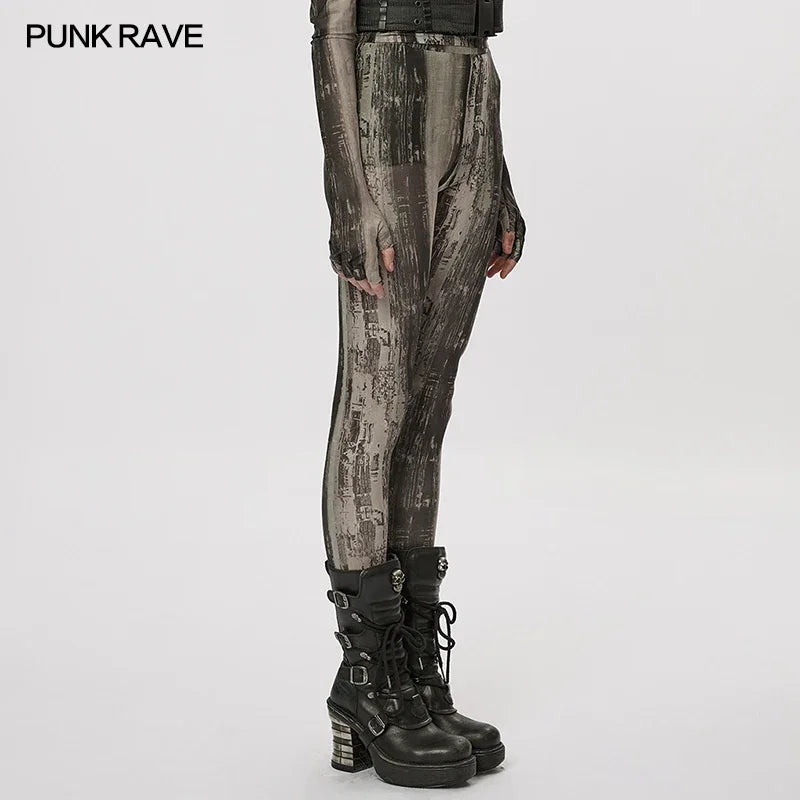 PUNK RAVE Women's The Post-apocalyptic Techwear Tight Printing Mesh Leggings Decayed Feeling Sexy Personality Street Wear Pants