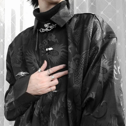 Vintage Harajuku Blouses Men Satin Shirt Dragon Totem Print Streetwear Button Up Long Sleeve Shirts Chinese Style Tops Unisex