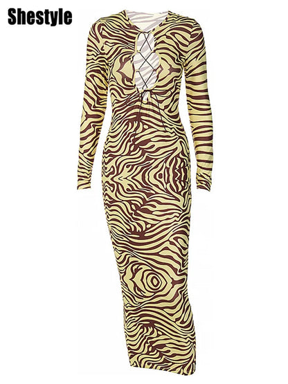 Shestyle Zebra Print Yellow Pencil Long Dresses Women V Neck Corss Hollow OUt Bandage Sexy Bodycon Party Wear Christmas Outfit