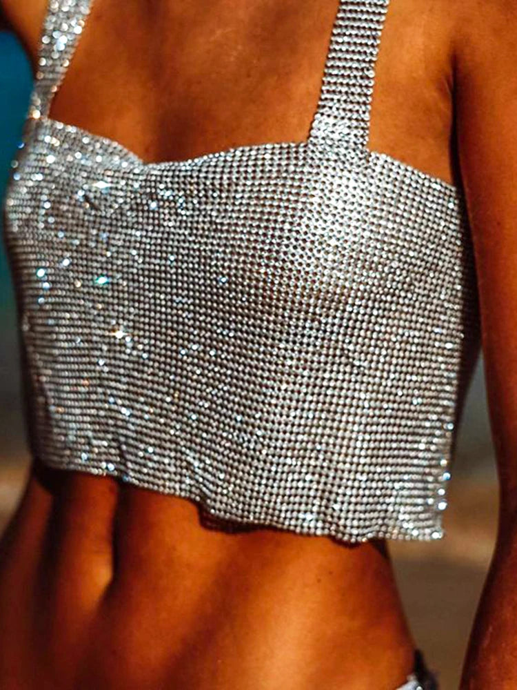 Top corto con purpurina metálica brillante para mujer, trajes de Festival Rave de música, chaleco de diamantes estilo discoteca, camisetas sin mangas con espalda descubierta, corsé de strass