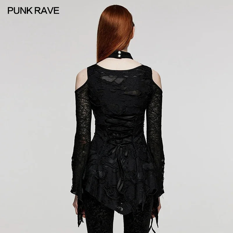 PUNK RAVE Women's Gothic Drop-Neck Elastic Rose Texture Mesh Knitting Daily T-Shirt Hollow Out Sexy Black Tees Tops