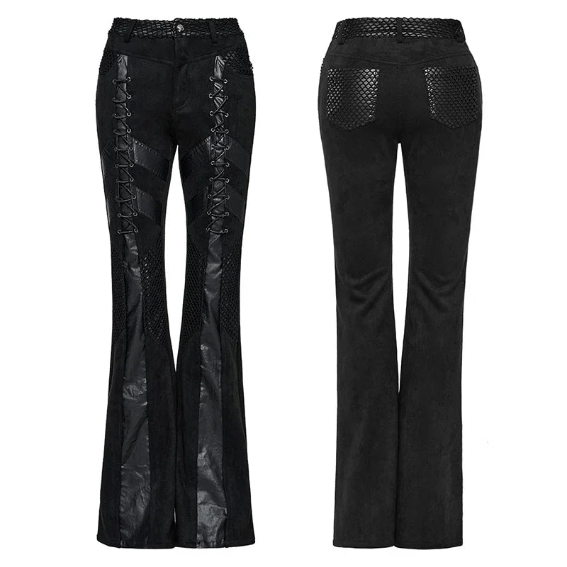 PUNK RAVE Women's Punk Dark Eyelet Drawstrings Flared Pants Gothic Personalized Leather Black Trousers Autumn/winter