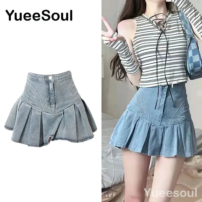 Blue Denim Skirt 2023 New Fashion Printed Pleated High Waist Mini Skirts Y2K Retro Sweet Cute Sexy Streetwear Summer Women Skirt