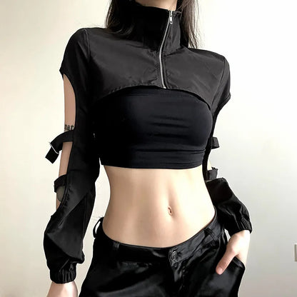 Goth Dark Hollow Out Techwear Fashion Cargo Cardigans Cyber Gothic Zip Up Sexy Crop Jackets Y2k Punk Turtleneck Streetwear Tops