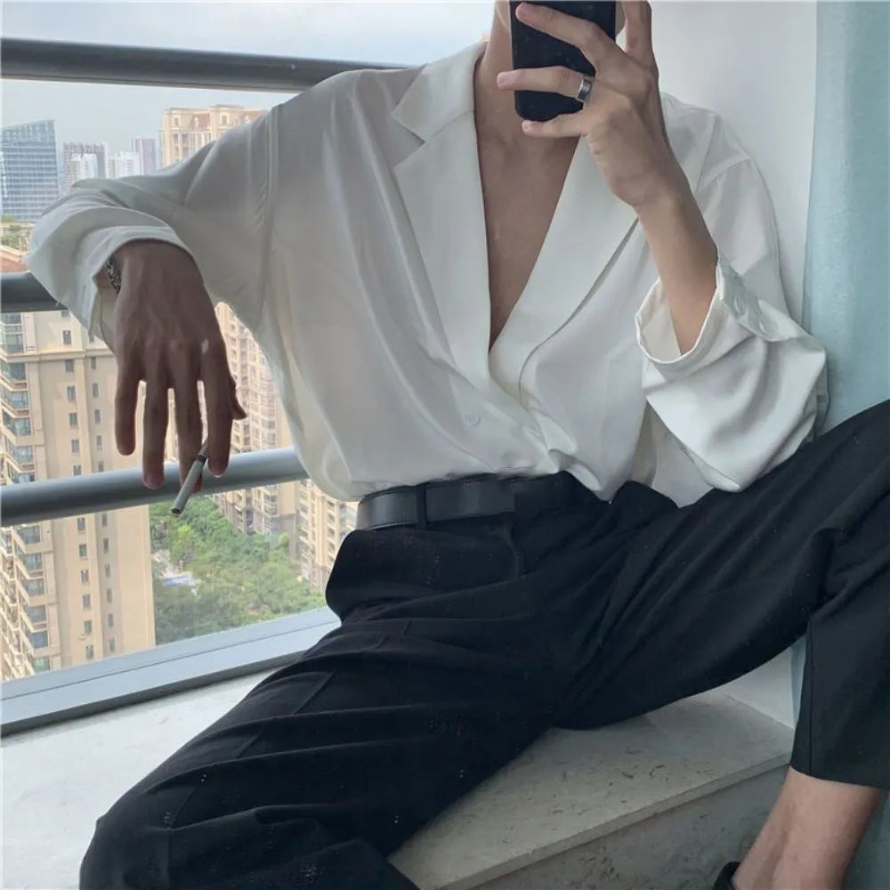 2024 Men Casual Shirt Solid Color Lapel Button Long Sleeve Fashion Tops Streetwear Loose Leisure Camisa Masculina S-2XL