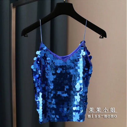 Fashion Women Sequined Tank Top New Sexy V Neck Strap Camis Club Girls Sequin Sleeveless Short Camisole Vest Tops SF792