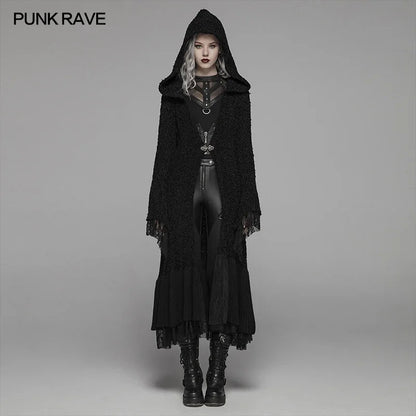 PUNK RAVE suéter largo con capucha negro gótico Retro para mujer disfraz de Halloween personalidad cárdigan de lana con puños de encaje cosido