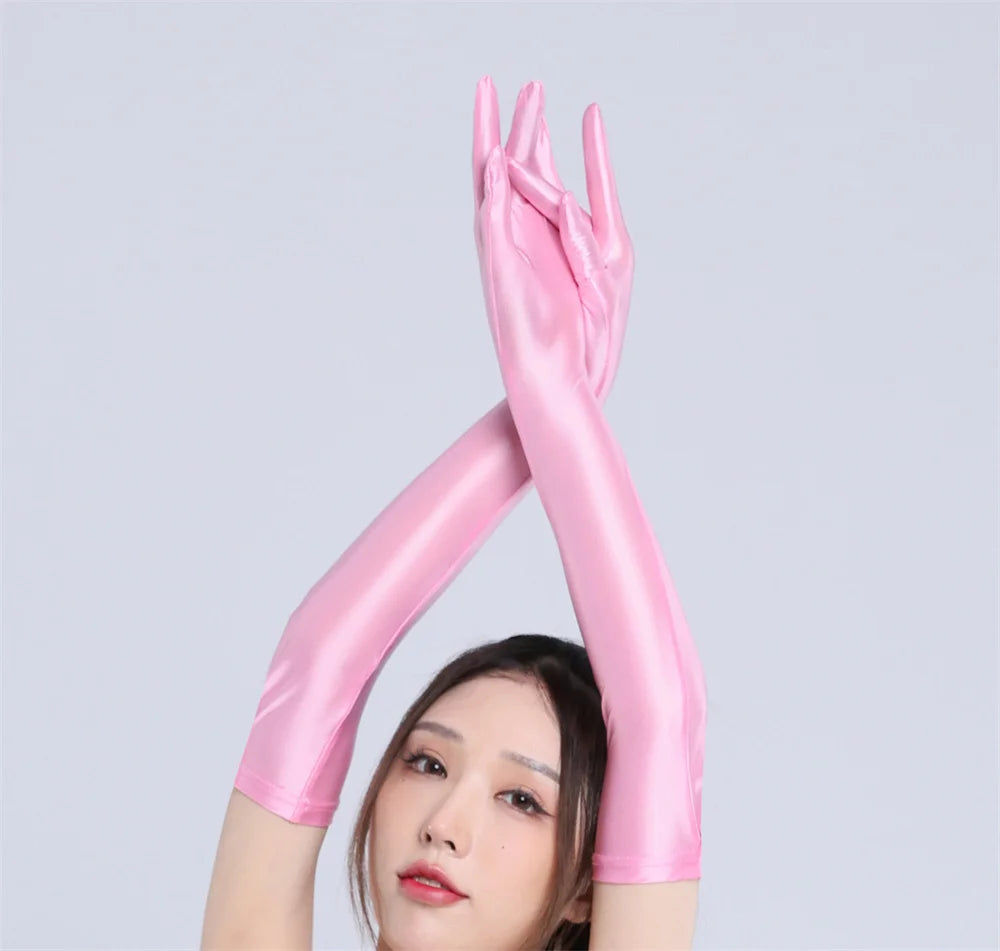 Glvoes – gants longs à cinq doigts pour femme, Sexy, brillant à l'huile, très extensibles, élégants, pour soirée en boîte de nuit, Protection solaire, Costumes de danse à la main