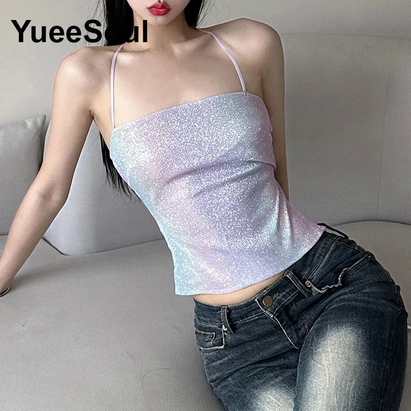 Blue Crop Tops 2023 Summer New Sleeveless Slim Casual Tank Top Fashion Cute Vintage Y2K Aesthetic High Street Women Clothes