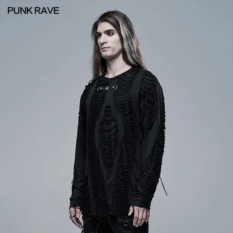 PUNK RAVE hommes Gothique Tricoté Brûlé Lâche Cassé Personnalité Noir T-shirt Punk Cool Décontracté Top T-shirts Streetwear