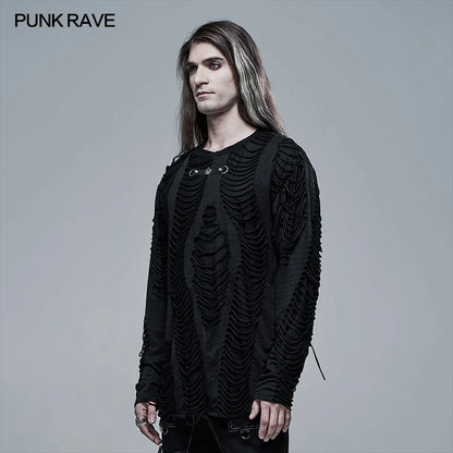 PUNK RAVE Men's Gothic Knitted Burnt Loose Broken Personality Black T-shirt Punk Cool Casual Street Tops Tees Streetwear