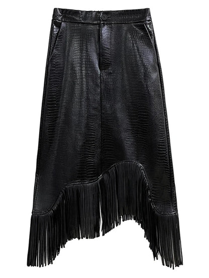 [EAM] High Elastic Waist Black Pu Leather Tassels Irregular Half-body Skirt Women Fashion Tide New Spring Autumn 2024 1DH1208