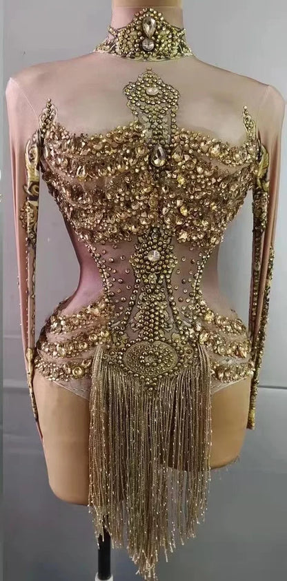 Performance Show Stage Wear Sparkly Gold Rhinestones Fringe Leotard Women Birthday Nightclub Party Outfit Sexy Dance Bodysuit