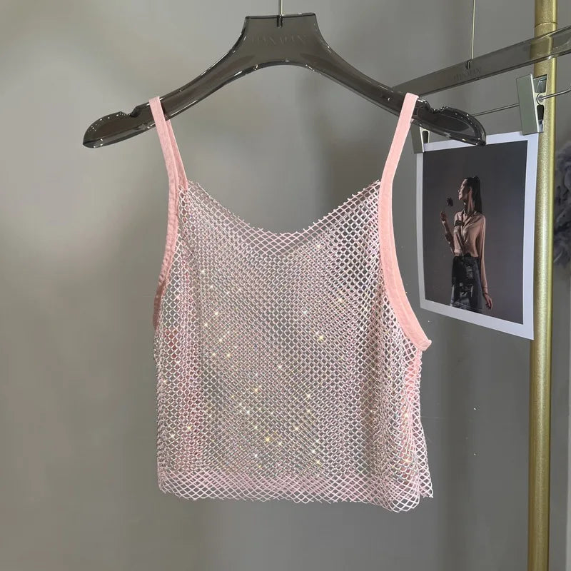 Novedad de verano, Top corto con cuello Halter de cristal y diamantes de malla, Tops sin cintura brillantes interiores sexis con diamantes de Color AB