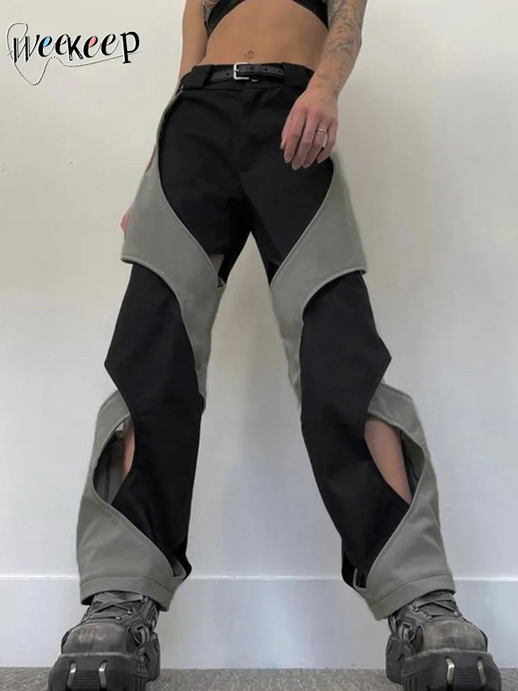 Weekeep y2k Techwear Casual Pants Chic Contrast Hollow Out Baggy Women Cargo Pants Streetwear Low Rise Sweatpants Korean Fashion