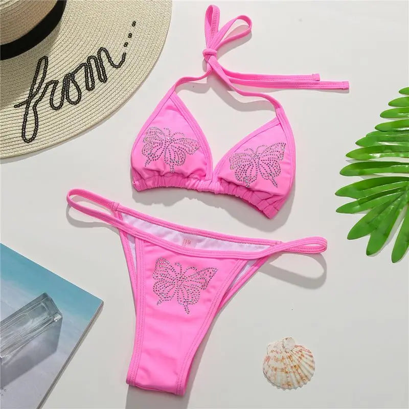 Fashion Butterfly Pattern Rhinestones Bikini 2 Piece Sets Womens Outfits Sexy Lingerie Summer Beachsuit Pool Party Swimwear 2022