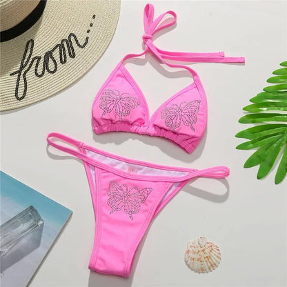 Fashion Butterfly Pattern Rhinestones Bikini 2 Piece Sets Womens Outfits Sexy Lingerie Summer Beachsuit Pool Party Swimwear 2022