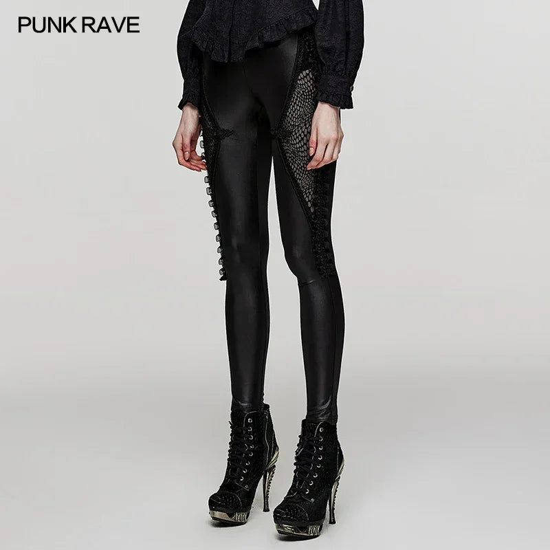 PUNK RAVE Women's Gothic Knit Fabric and Mesh Leggings Punk Symmetrical Segmentation Design Lace Decoration Streetwear