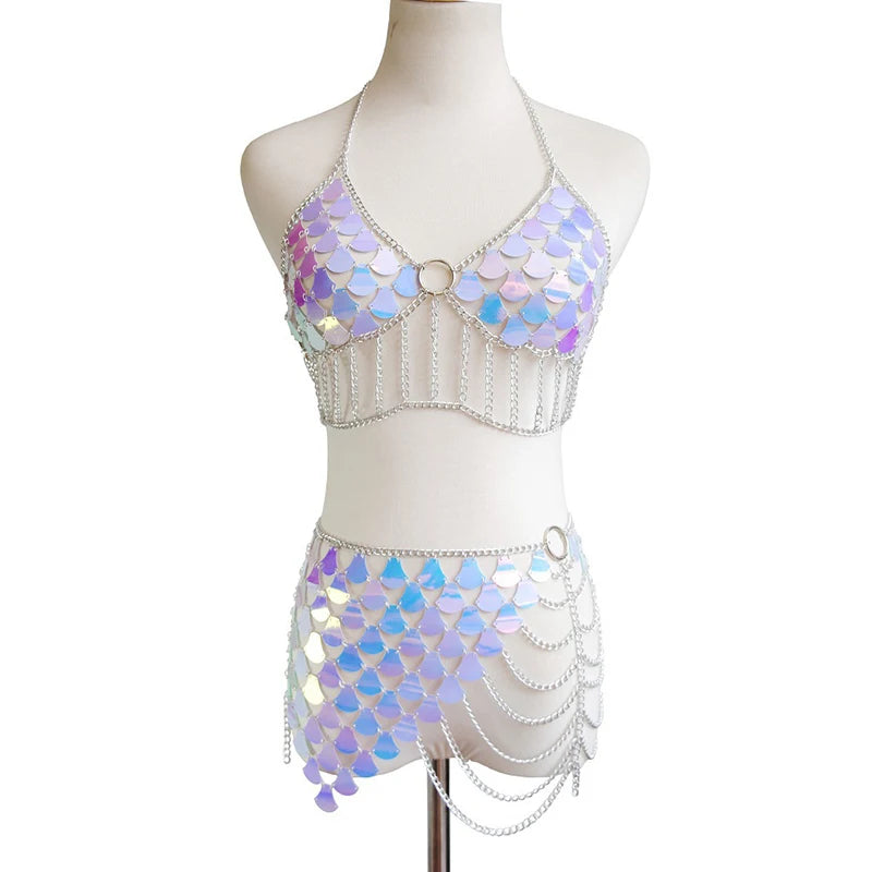 Trajes de fiesta rave con lentejuelas a escala de pez brillante para mujer, sujetador Sexy para club nocturno, Top corto, minifalda, conjunto de 2 piezas con cadena para el cuerpo