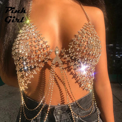 Sexy Hollow Out Rhinestone Tassel Luxury Tank Top Summer Women See Through Deep V Backless Halter Shiny Diamonds Chain Crop Top