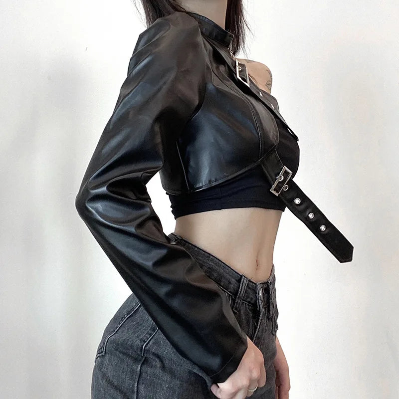 Cropped Jackets Gothic Black PU Leather Jacket Women One Shoulder Halter Buckle Hip Hop Outfits Fashion Streetwear Solid