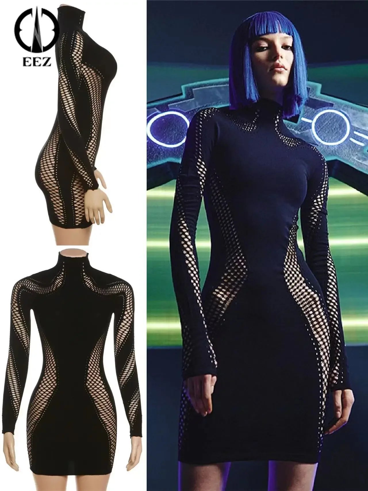 Technology Hollow Out Skinny Black Mini Dress Women Sexy See Through Turtleneck Hipster Streetwear Long Sleeve Baddie Outfit Y2K