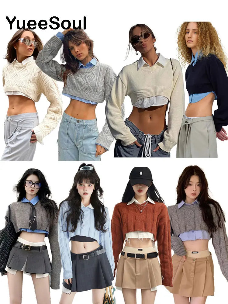 Extreme Short Women Sweater Solid Color Long Sleeve Knit Crop Tops 2022 New In Y2K Aesthetic Casual High Street Female Jumper