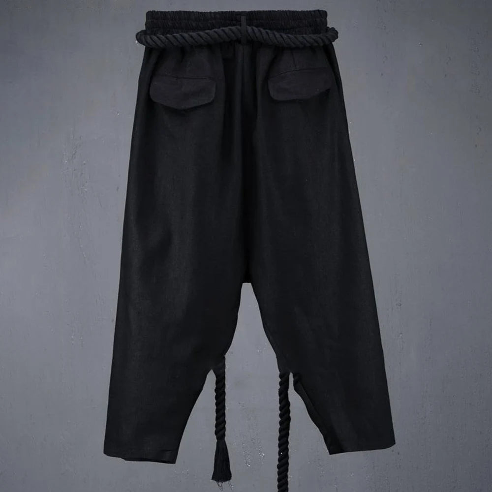 Men Summer Black Linen Harem Pants Nightclub Stage Baggy Trousers With Rope Belt Mens Gothic Punk Hip Hop Joggers Street Wear