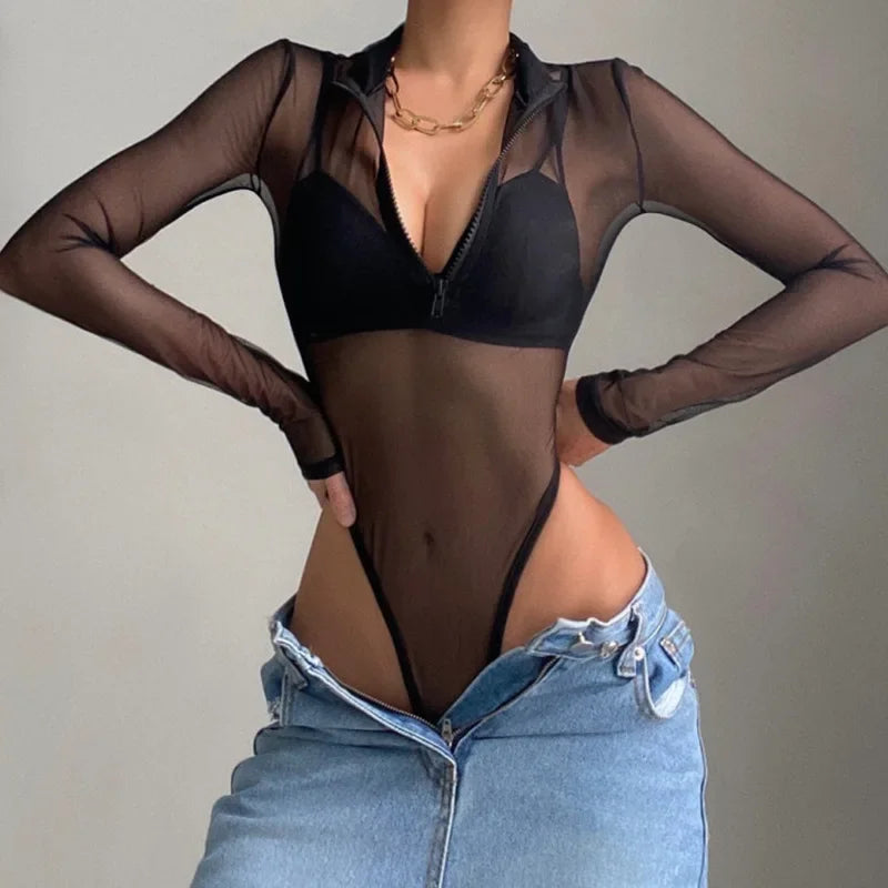 Women Emo Turtleneck Bodysuits Mesh Patchwork Print Biker Jumpsuit Fashion Female Workout Street Casual Rompers E-girl Y2k Tops