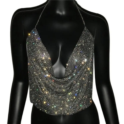 AKYZO-Top corto sexi con cuello Halter hecho a mano para mujer, Top corto con diamantes de imitación brillantes, Espalda descubierta, Bralette de fiesta elegante para playa y verano, camiseta sin mangas recortada