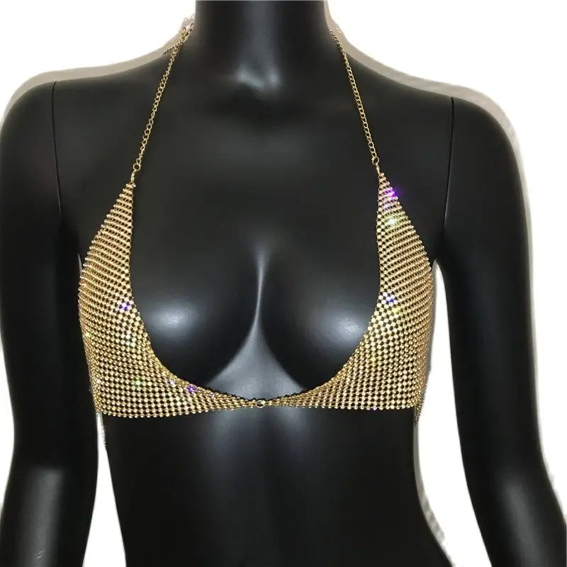 AKYZO 2023 Women Halter Handmade Rhinestones Bling Tank Tops Shiny Beach Bralette Party Club Gold Metal Diamond-Studded Camis