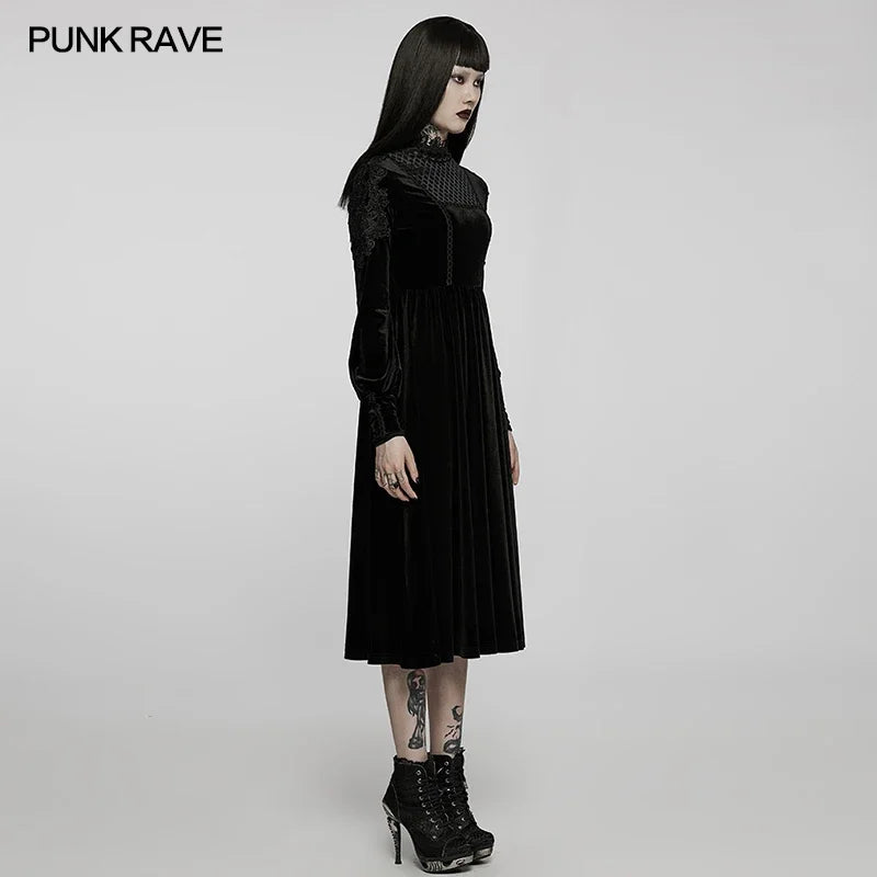 PUNK RAVE gótico mujer patrón de diamante vestido de terciopelo negro cuello de encaje apliques manga vestidos Vintage ropa Otoño/Invierno