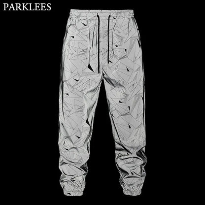 Mens Geometric Print Reflective Jogger Sweapants Fluorescent Trousers Harajuku Hip Hop Dance Festival Rave Night Sport Pants 3XL